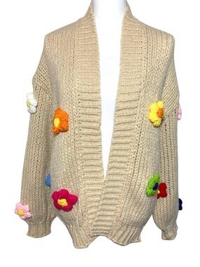 Fadivo Tan Floral Knit 3D Flowers Cardigan Sweater Medium NWT
